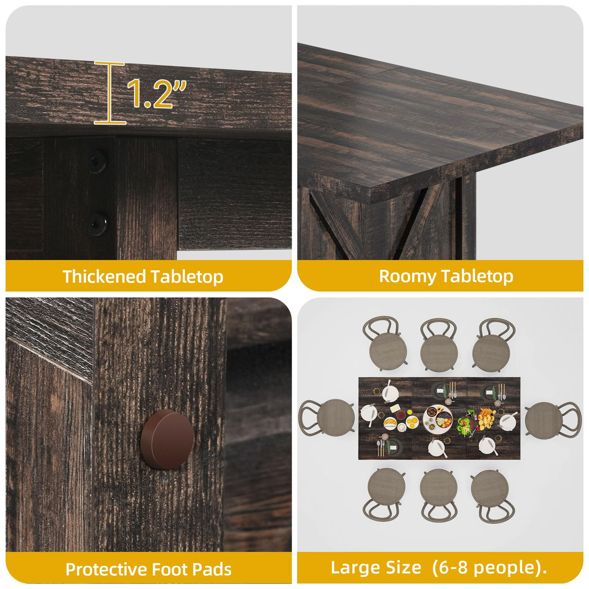 DWVO Farmhouse Large Dining Table for 6-8 People, 70.8 Inch Rectangular Wood Dining Table, Rustic Kitchen Dinner Table with X Solid Legs for Dining Room Grey DWVO