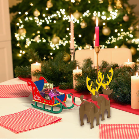Motiskyy 3 Set DIY Wood Christmas Crafts Kits Unfinished Sleigh and Reindeer Miniature Wooden Model 3D Painting Wooden Sleigh Decorations for Xmas Home Decor Craft Supplies Motiskyy