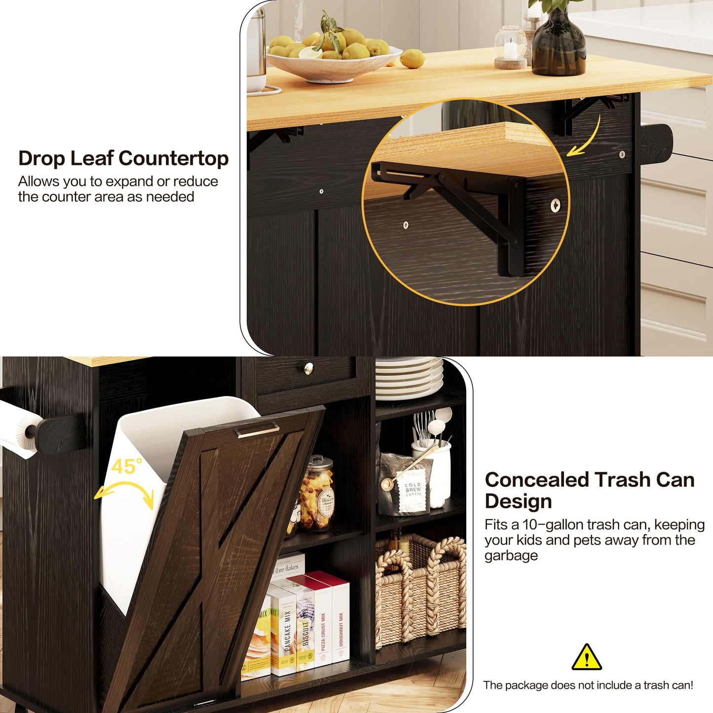 Rolling Kitchen Island with Trash Can Storage, Kitchen Island Cart with Drop Leaf Countertop, 47.2” Kitchen Island on Wheels, Island Table with Drawer & Shelf for Kitchen, Fits 10-Gallon Bins