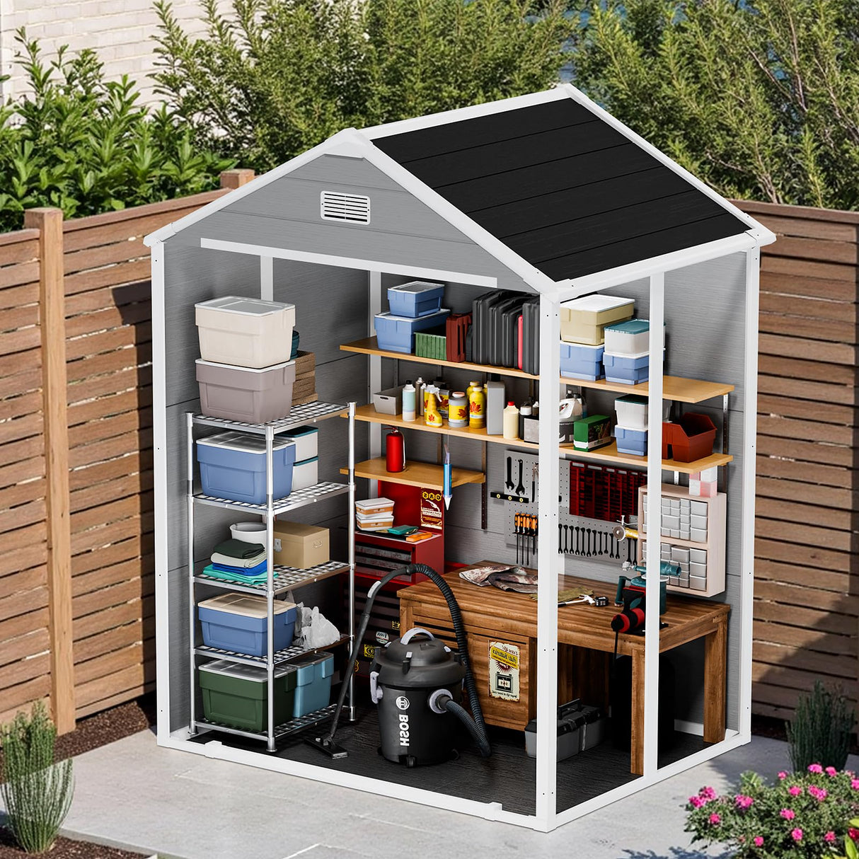 NicBex 6×5 Resin Outdoor Storage Shed with Floor & Window– All-Weather Lockable Small Tool Shed, Outdoor PP Plastic Garden Sheds & Outdoor Storage for Garden, Patio & Backyard – Light Gray NicBex