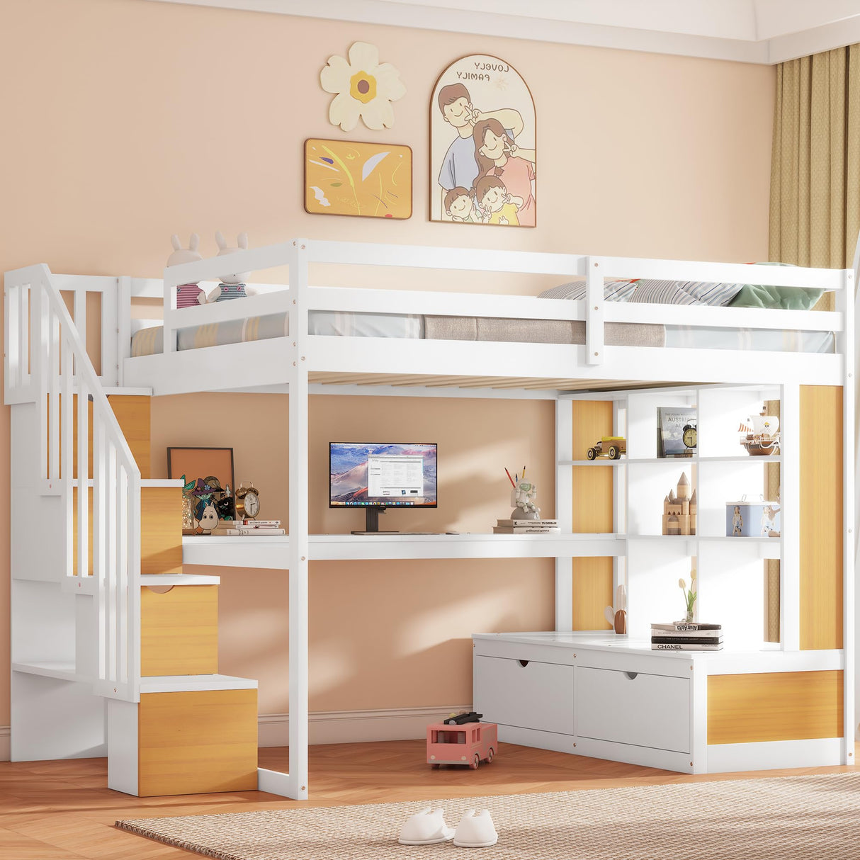 Harper & Bright Designs Natural Full Loft Bed with Desk, Stairs, and Storage Solutions for Kids and Teens Harper & Bright Designs