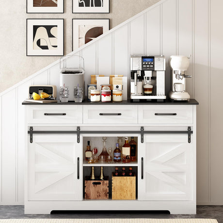 Redlife 53'' Farmhouse Sideboard Buffet Cabinet with Storage, Wine Bar Cabinet with Sliding Barn Door and Drawers, Modern Coffee Bar Cabinet for Dinning Room, Kitchen, Living Room, White Redlifeᅟᅠ