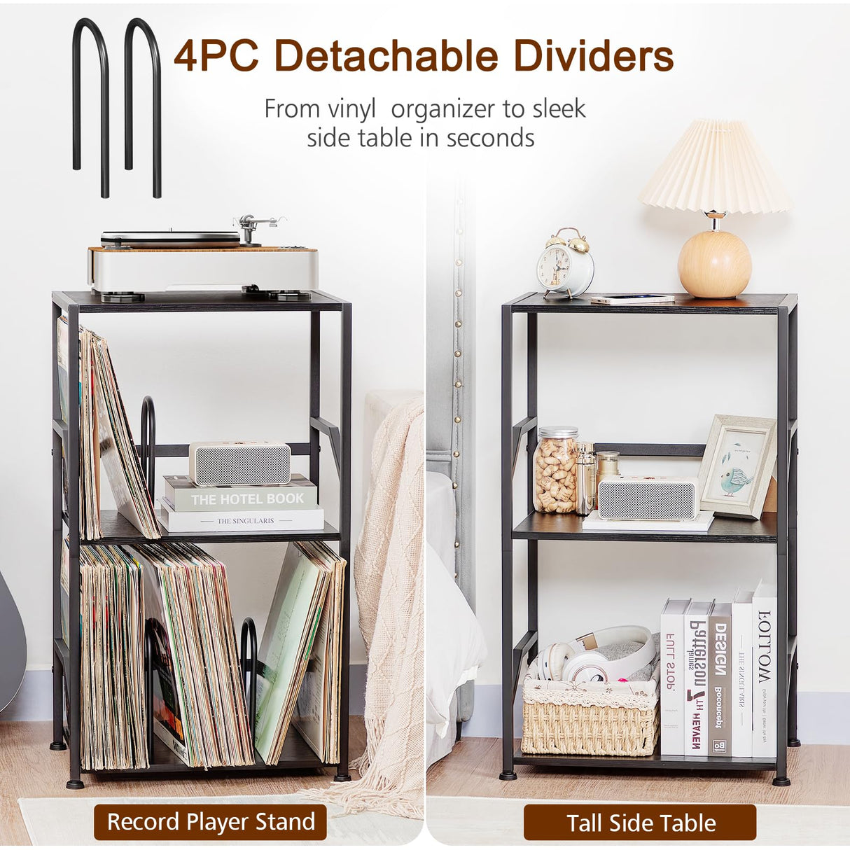 LOAKEKEL Record Player Stand, Vinyl Record Storage Up to 200 Albums, 3 Tier End Table with Removable Dividers, Tall Side Table for Living Room, Bedroom, Black, HETCD010BK1 LOAKEKEL