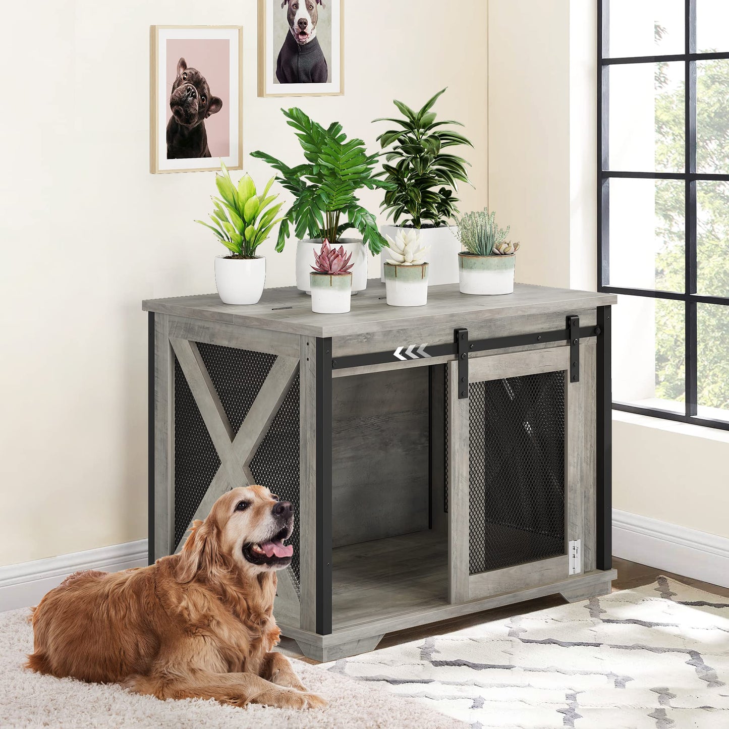 GAOMON 37'' Sliding Barn Door Dog Crate Furniture with Flip Top and Movable Divider, Dog Kennel Side End Table, Wooden Dog Crate Table, Grey - WoodArtSupply