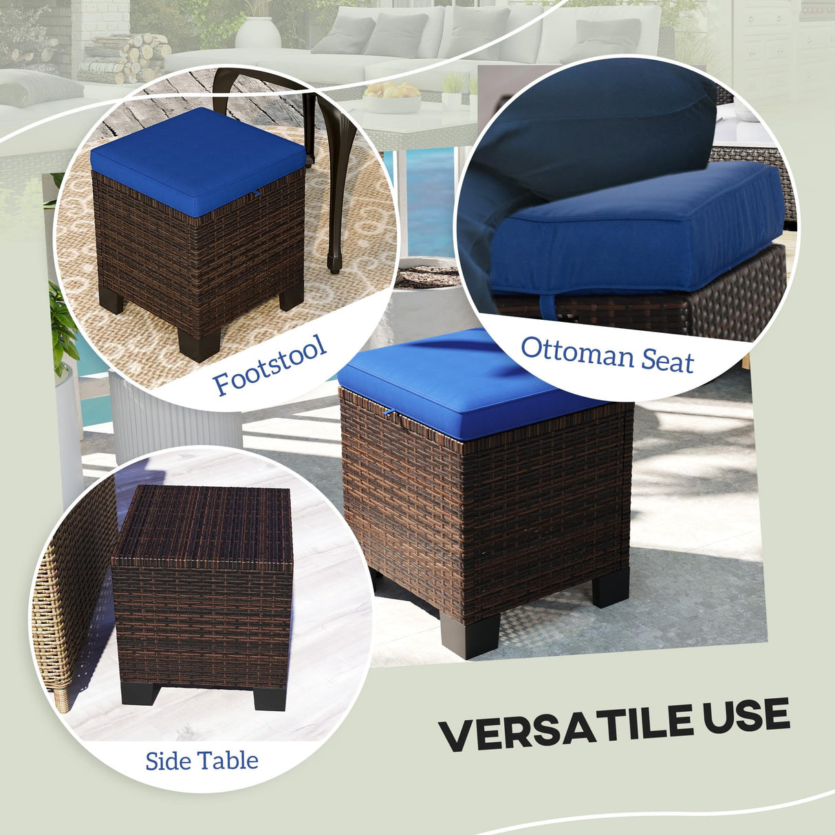 Outsunny 2 Pieces Outdoor Patio Ottomans, All Weather Wicker Outdoor Footstools with Removable Cushions, 3-in-1 PE Rattan Ottoman Seat, Footrest and Side Table for Backyard, Poolside, Dark Blue Outsunny
