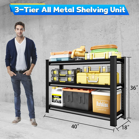 Rufokisa 40" W Garage Shelving Heavy Duty，1500LBS Loads Adjustable Garage Storage Shelves,3-Tier Metal Storage Racks and Shelving Units, Utility Rack Shelves,40”W x 18”D x 36”H,Black Rufokisa
