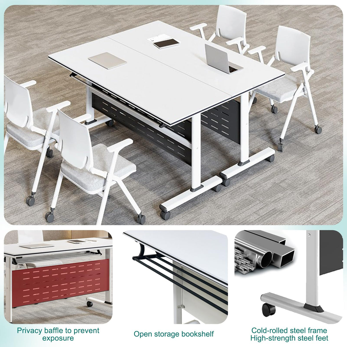 Folding Conference Table, Foldable Conference Rooms Training Rooms Flip Top Mobile Training Table, With Caster Wheels Long Seminar Table for Meeting Room, Rectangular Modular Conference Room Table AKFJOSGE