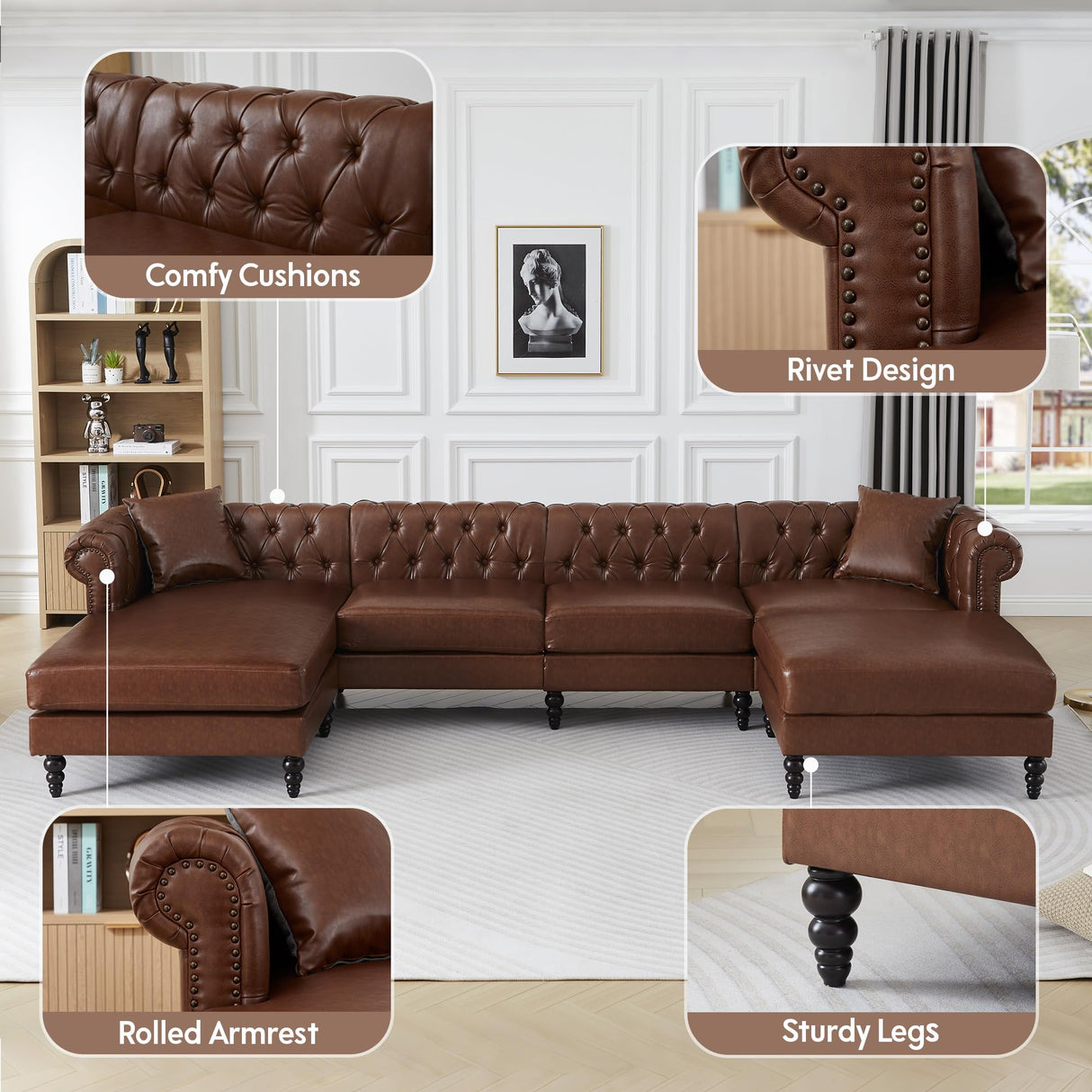 U Shaped Chesterfield Sofa, Oversized Sectional Faux Leather Couch, Chaise Ottoman Sofa Upholstered Accent Tufted Couch with Rolled Armrest and Nailhead for Living Room, Office - Brown ORRD