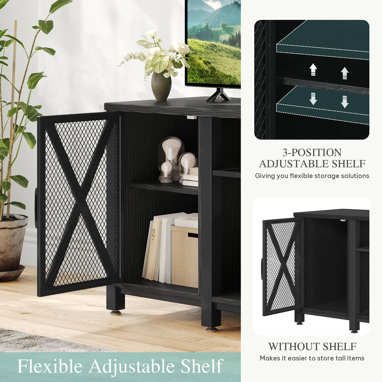 YITAHOME Farmhouse TV Stand for 50/55/60 Inch with Power Outlet, Wooden TV Media Console with Storage Cabinet for 860lbs, Rustic Entertainment Center Table TV Cabinet for Living Room, Black YITAHOME