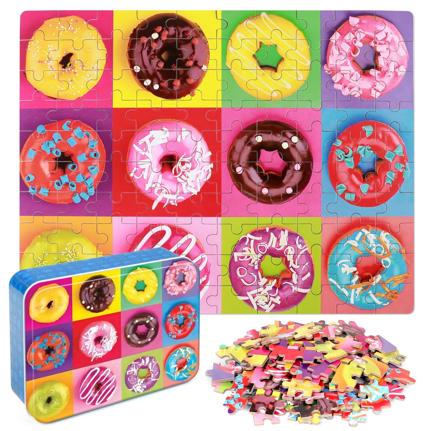 LELEMON Puzzles for Kids Ages 4-8,Donut Puzzle 100 Piece Puzzles for Kids in a Metal Box, Educational Kids Puzzles Jigsaw Puzzles 100 Piece Puzzle Games Puzzle Toys for Girls and Boys