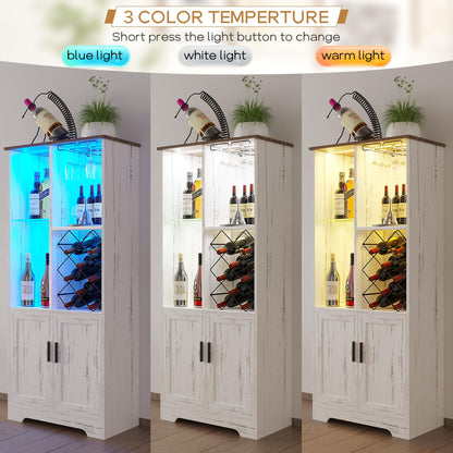 dnbss Wine Cabinet, Wine Bar Cabinet with LED Lights, Liquor Cabinet with Glass Holder Wine Rack, Farmhouse Modern Liquor Cabinet with Storage for Home (Wood White)