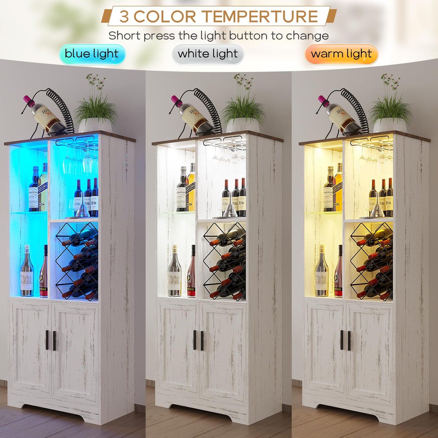 Kasibie Wine Cabinet, Wine Bar Cabinet with LED Lights, Liquor Cabinet with Glass Holder Wine Rack, Farmhouse Modern Liquor Cabinet with Storage for Home (Wood White)