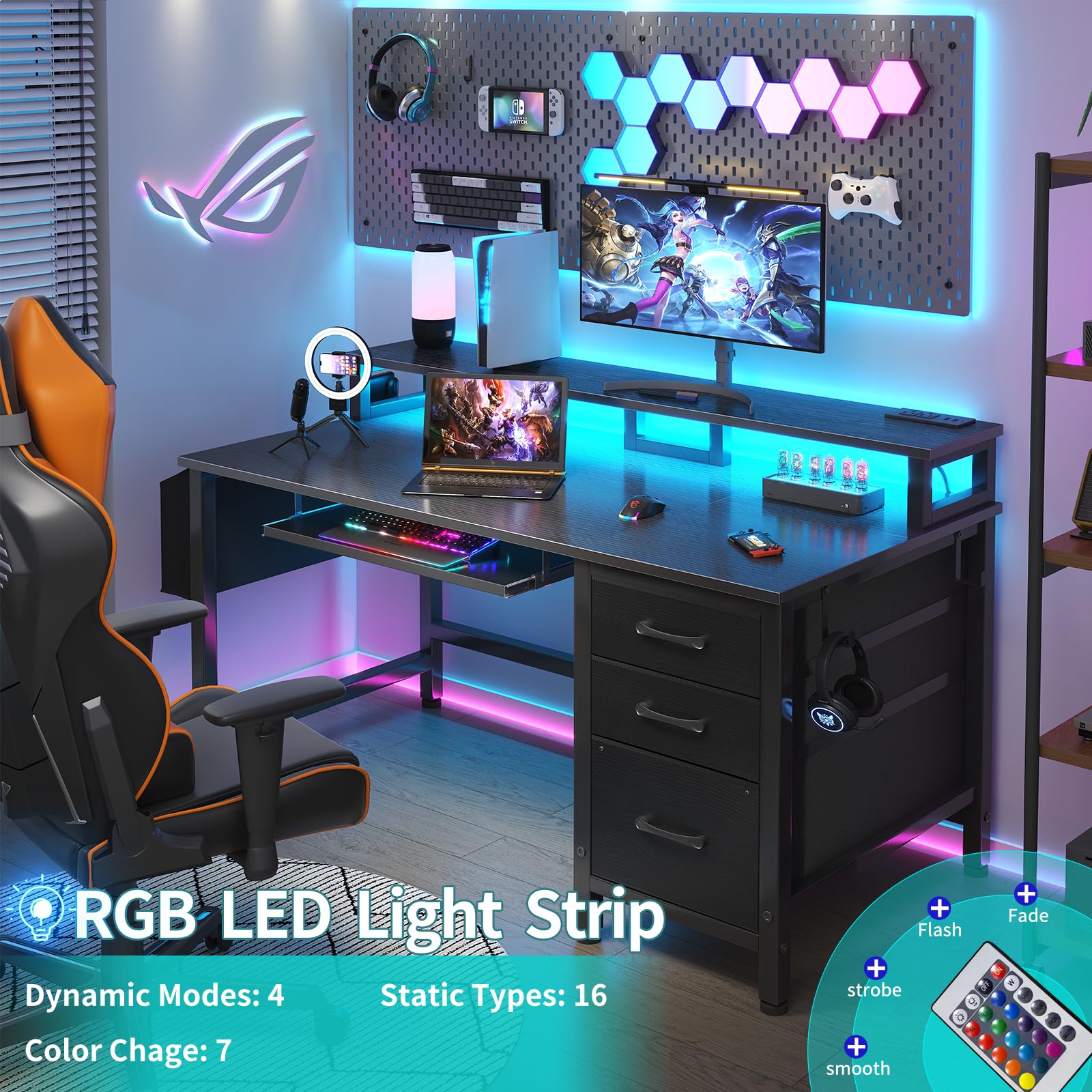 Lufeiya Gaming Desk with LED Lights and Power Outlets, 47 Inch Home Office Desks with Keyboard Tray, Computer Desk with File Drawers Cabinet, Writing Table PC Desks with Monitor Stand, Black - WoodArtSupply