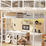 LIKIMIO Loft Bed Twin Size with Desk, Metal Loft Bed Frame with Power Outlet and LED Lighted, Space-Saving, Noise Free, White LIKIMIO