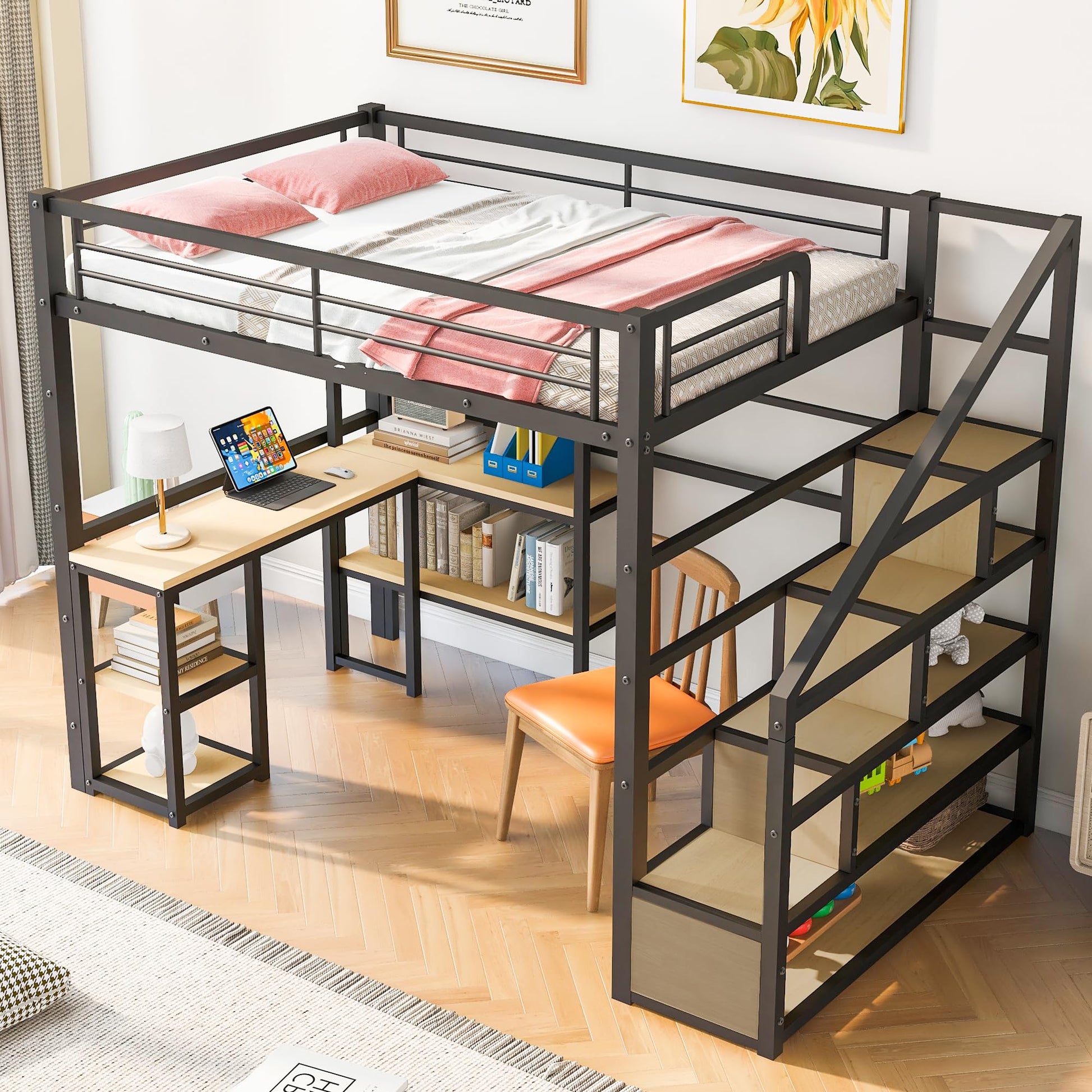 Bellemave Full Size Metal Loft Bed with Desk, Stairs, and Storage in Black - WoodArtSupply