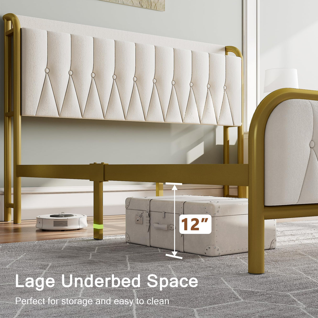 Einhomn Full Size Velvet Bed Frame with Charging Station, Platform Bed with Upholstered Storage Headboard & Footboard, 12" Underbed Space, Noise-Free, Easy Assembly, No Box Spring Needed, Beige Einhomn