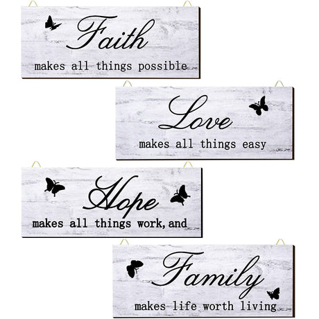 4 Pieces Faith Love Hope Family Wood Sign Farmhouse Wooden Family Sign with Quotes Faith Love Hope Family Home Sign Plaque Rustic Wooden Home Wall Sign for Front Porch Door Wall, 10 x 4 Inch (White) Jetec