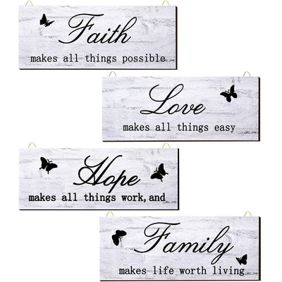 4 Pieces Faith Love Hope Family Wood Sign Farmhouse Wooden Family Sign with Quotes Faith Love Hope Family Home Sign Plaque Rustic Wooden Home Wall Sign for Front Porch Door Wall, 10 x 4 Inch (White)