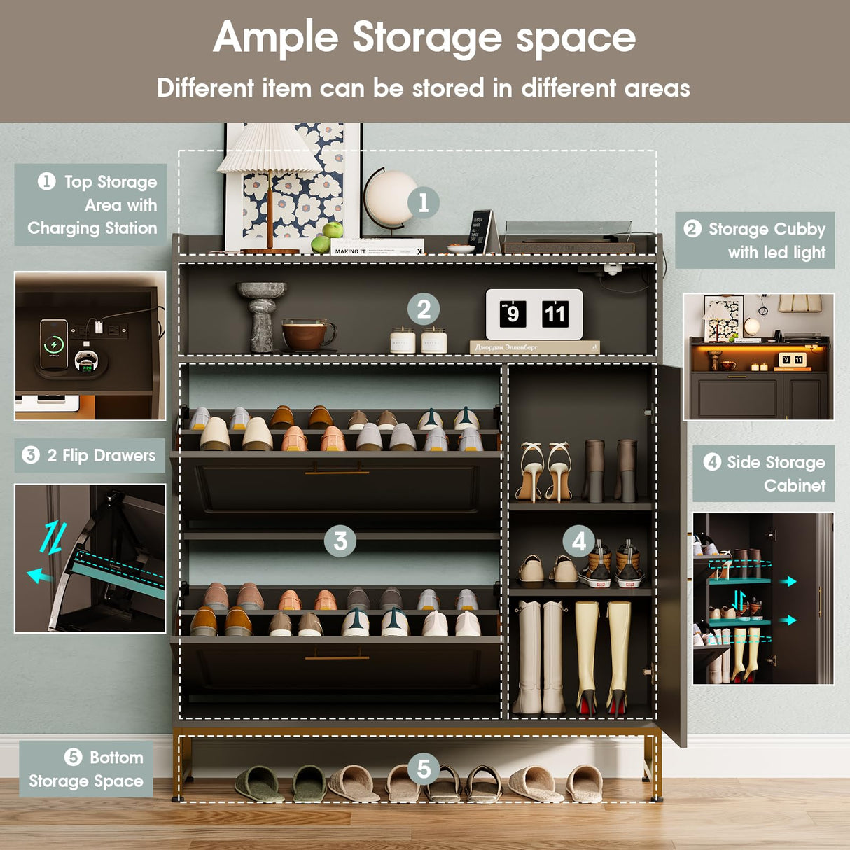 Shoe Storage with 2 Flip Drawers & Side Cabinet Freestanding Organizer with LED Light and Charging Station Narrow Shoe Rack with Metal Legs & Adjustable Shelf for Entryway,Hallway,Living Room,Black Maupvit