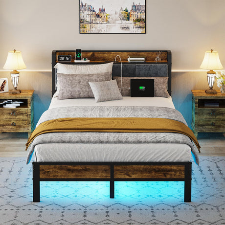Full Bed Frame with Storage Charging Station Headboard, Smart LED Light, Metal Platform Bed No Box Spring Required, Easy Assembly, Noise Free Liians