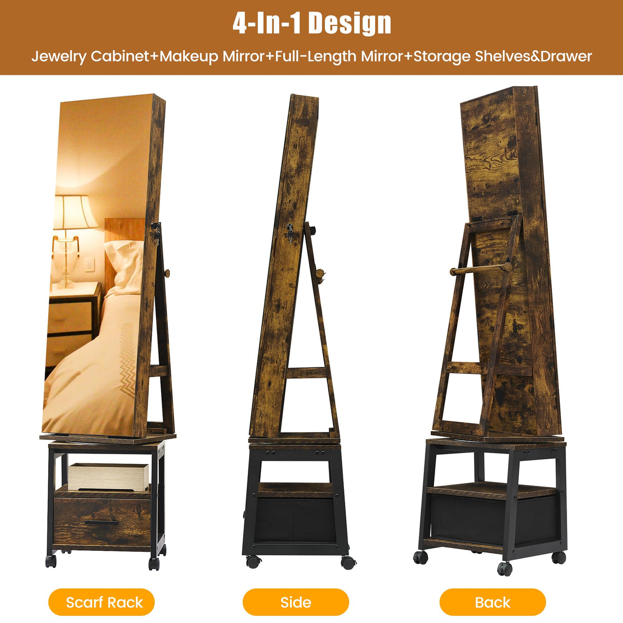 GarveeHome 360° Swivel Jewelry Cabinet, 66'' Freestanding Jewelry Armoire With Bottom Drawer, Lockable Full-Length Mirror With Rear Storage Shelves, Jewelry Armoire Organizer, Retro Brown GarveeHome