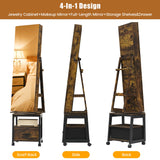 GarveeHome 360° Swivel Jewelry Cabinet, 66'' Freestanding Jewelry Armoire With Bottom Drawer, Lockable Full-Length Mirror With Rear Storage Shelves, Jewelry Armoire Organizer, Retro Brown GarveeHome