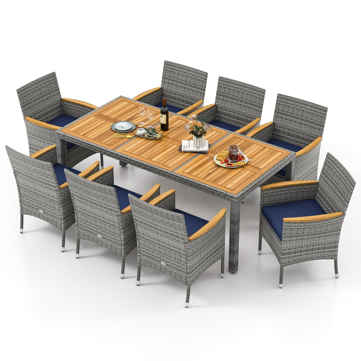 Tangkula 9 Pieces Patio PE Wicker Dining Set, Outdoor Acacia Wood Table and Chairs for 8 with Cushions and 2" Umbrella Hole, Outdoor Dining Furniture Set for Deck, Garden and Yard (Mix Grey+Navy) Tangkula