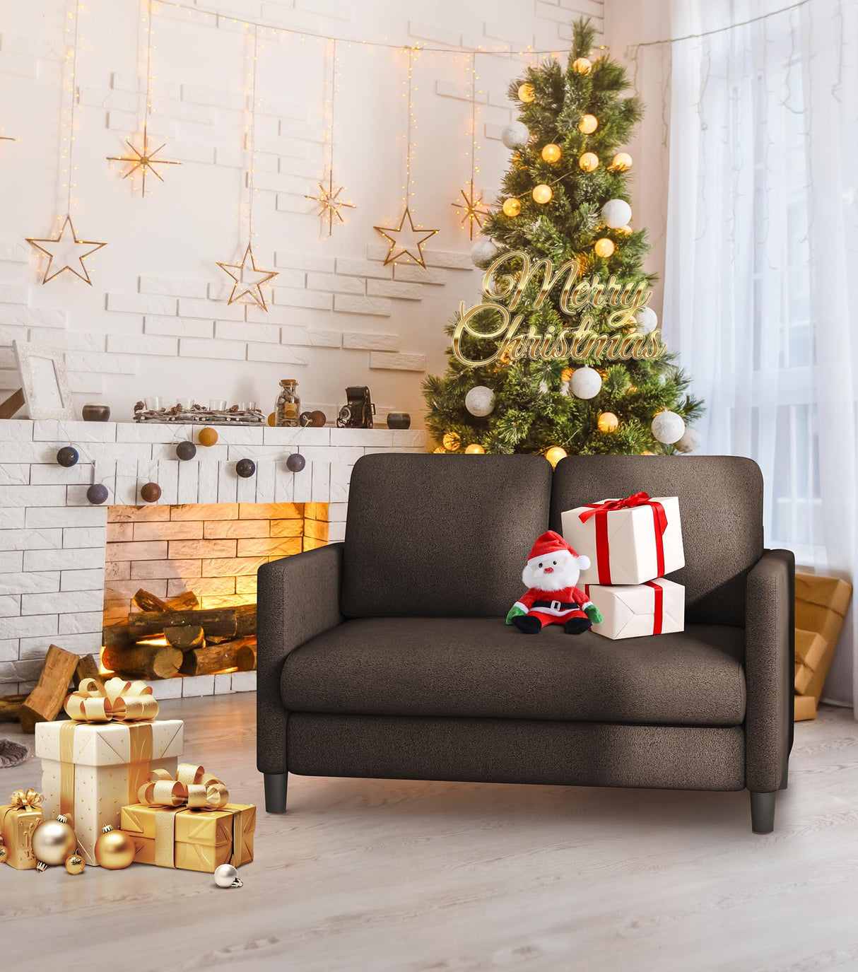 Welzona Loveseat Sofa, 51" Small Sofa Couch for Bedroom, Comfy Teddy Love Seat, Tool-Free Setup Sofas for Living Room, All-Wood Small Couches for Small Spaces, Small Couch No Pillow Include, Brown Welzona