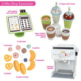 Pretend Coffee Shop Wooden Playset - Drive Thru Window Fun - Includes Frappuccino w Straws, Espresso Maker, Bread, Pastries, Rotating Cash Register, Coffee Cups, Apron- Over 25 Super Cute Play Pieces! Svan