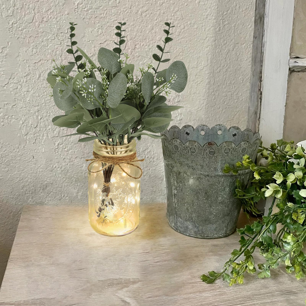 Lighted Mason Jar Centerpiece Set of 3 Eucalyptus Plant Decorative Jars Vase Farmhouse Table Decorations for Home Living Dining Room Wedding Christmas Thanksgiving Party ysnn