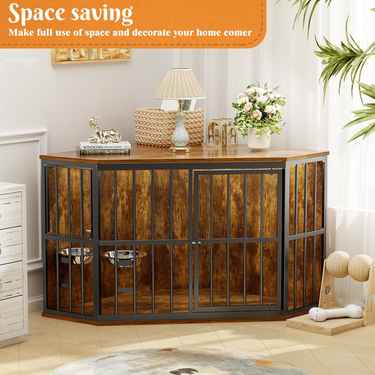 APRILSOUL 53 inch Furniture Dog Crate Corner, Dog Kennel Corner Wooden End Table with Bowl, Indoor Pet Crates Corner Side Table for Dogs, Wide Top Perfect for Limited Room APRILSOUL