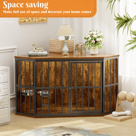 APRILSOUL 53 inch Furniture Dog Crate Corner, Dog Kennel Corner Wooden End Table with Bowl, Indoor Pet Crates Corner Side Table for Dogs, Wide Top Perfect for Limited Room APRILSOUL