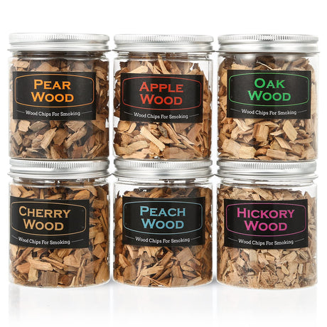 DGYJJZ 6Pack Natural Wood Chips for Smoker Grill and Smoking Gun, Oak, Pecan, Apple, Pear, Cherry and Peach About 80g Each, Smoker Woodchips for BBQ Smoking Beef Pork Chicken Fish and Whisk DGYJJZ