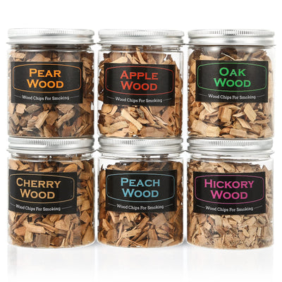 DGYJJZ 6Pack Natural Wood Chips for Smoker Grill and Smoking Gun, Oak, Pecan, Apple, Pear, Cherry and Peach About 80g Each, Smoker Woodchips for BBQ Smoking Beef Pork Chicken Fish and Whisk