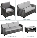 Patio Furniture Sets 6 Pieces, PE Wicker Modern Patio Conversation Set with Storage Cushions for Poolside, Deck, Balcony, Grey + Earthy Grey GAOMON