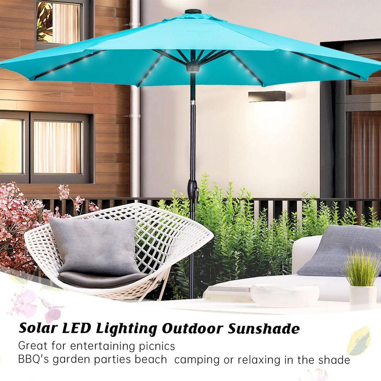 GDY 10Ft Patio Umbrella, Solar Powered 40 LED Lighted Outdoor Table Market Umbrellas with Tilt and Crank, Center Light (Lake Blue)… GDY