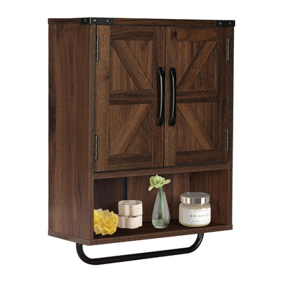 RUSTOWN Farmhouse Wall Storage Cabinet with Two Barn Door, Rustic Mounted Medicine Cabinet with Adjustable Shelf and Towel Bar, 3-Tier Wood Cabinet for Kitchen, Bathroom, Living Room (Dark Walnut)