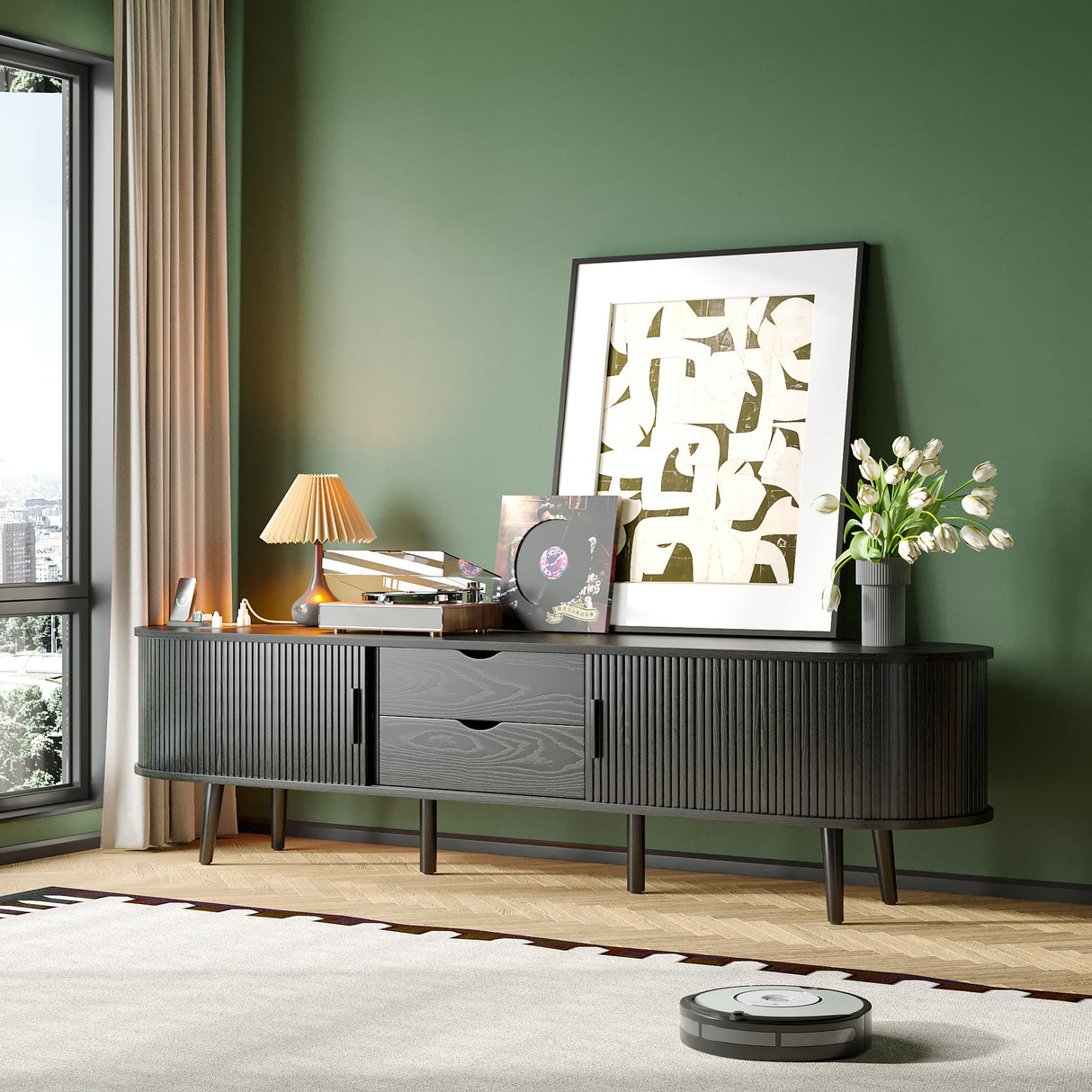 Mid Century Modern TV Stand for 75/65/55 inch TV, Farmhouse TV Stand with Charging Station, Fluted Entertainment Center with Storage and Sliding Doors, TV and Media Consol for Living Room, Black, 69" Syvella