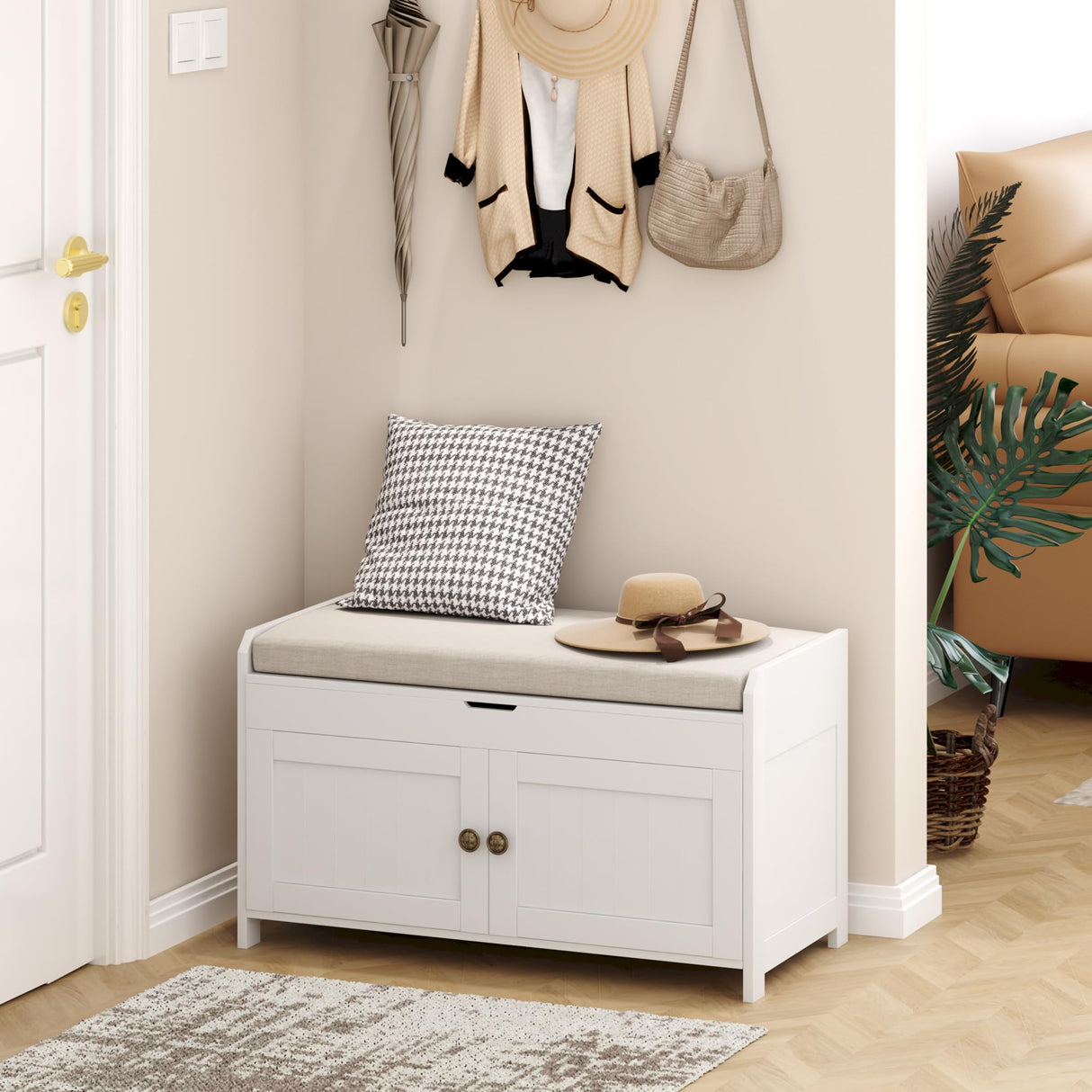 HOMEFORT Entryway Bench with Lift Top Storage,Shoe Storage Bench with Cushioned Seat,Wood Shoe Cabinet Bench,Bench for Bedroom End of Bed,Entry Hidden Shoe Bench for Mudroom,Hallway, White HOMEFORT