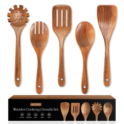 5 PCS Wooden Spoons for Cooking Natural Teak Kitchen Utensils Smooth Non-Stick Surface Cooking Utensils Set Soft Comfort-Grip Wooden Utensils for Cooking - WoodArtSupply