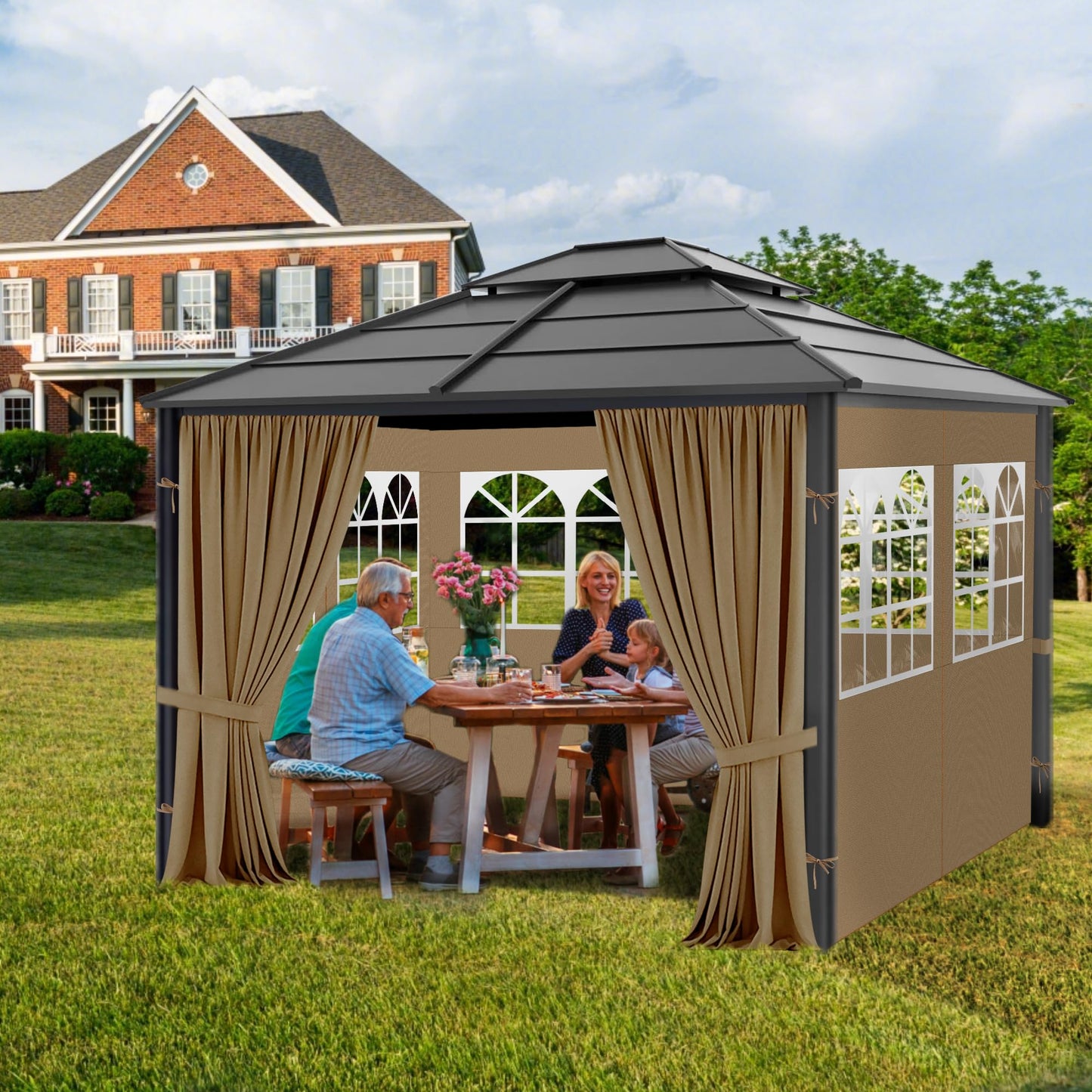 Gazebo Privacy Curtains 10' x 12' with PVC Windows, 4-Panels Side Wall with Zipper Universal Replacement for Patio, Outdoor Canopy, Garden and Backyard