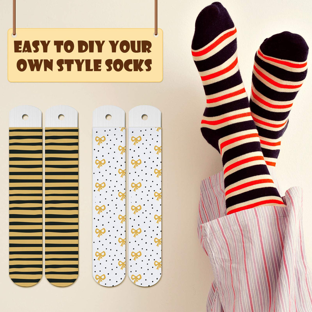 Coume 4 Pieces Sublimation Blank Socks Set, Including 2 Pieces Metal Straight Style Sock Jigs, 2 Pairs Sublimation Blank Socks for Heat Press Transfer Dye Sublimation Printing DIY Pattern Designs Coume