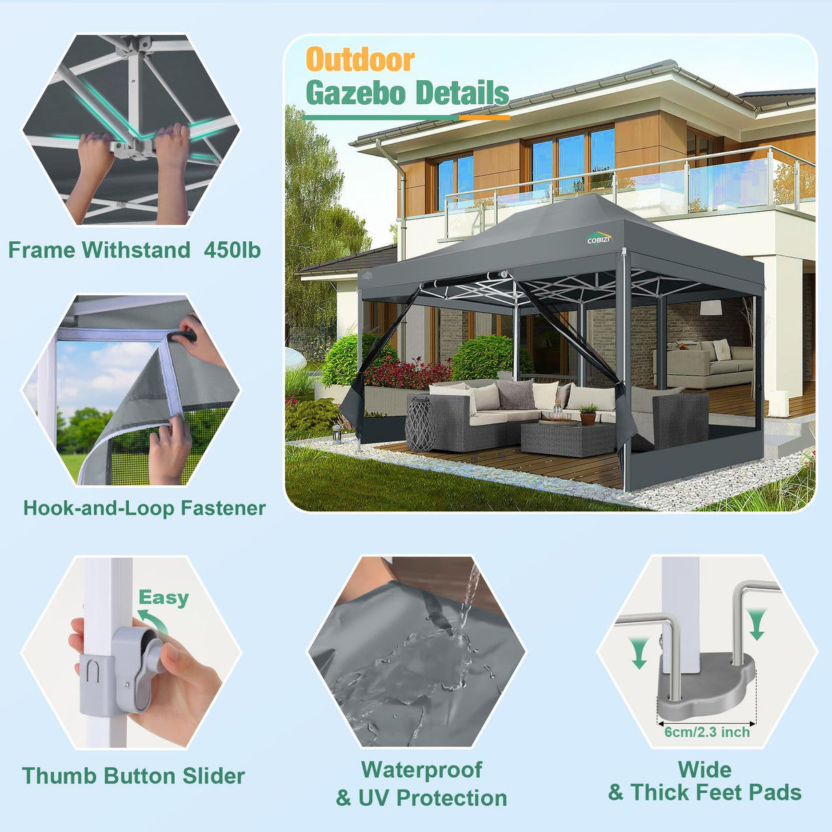 COBIZI 10x15 Canopy Tent, Heavy Duty Pop up Canopy with Sidewalls, Waterproof Easy Setup Canopy with Mosquito Netting, Outdoor Instant Screen Tents for Parties, Wedding, Backyard with Carry Bag, Gray COBIZI