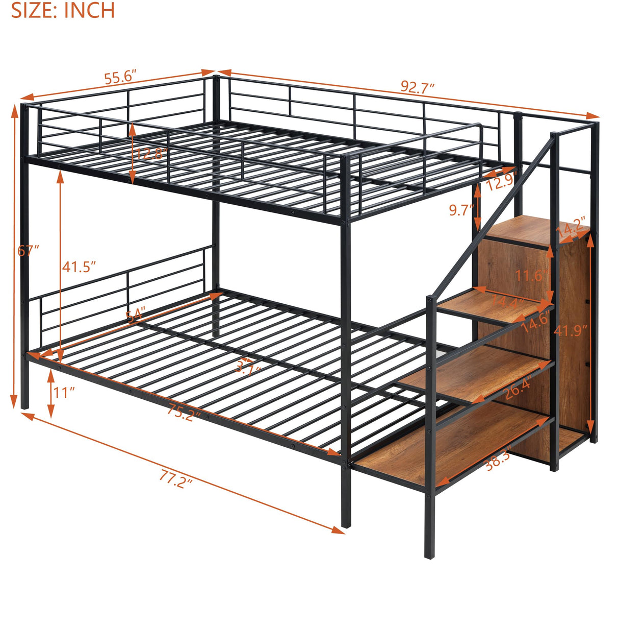 Bellemave Full Over Full Metal Bunk Bed，Bunk Bed with Storage Stairs and Wardrobe, Bunk Bed for Adults/Kids/Teens, Bunk Bed for School, Bedroom, Black Bellemave