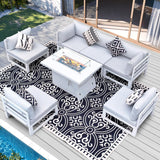 RADIATA 6 Person Large Modern Aluminum Outdoor Patio Furniture Set with Fireplace, 29" Wide Deep Seating, U Shaped Combo Sectional Couch, Water Resistant Conversation Set for Backyard Terrace, White RADIATA
