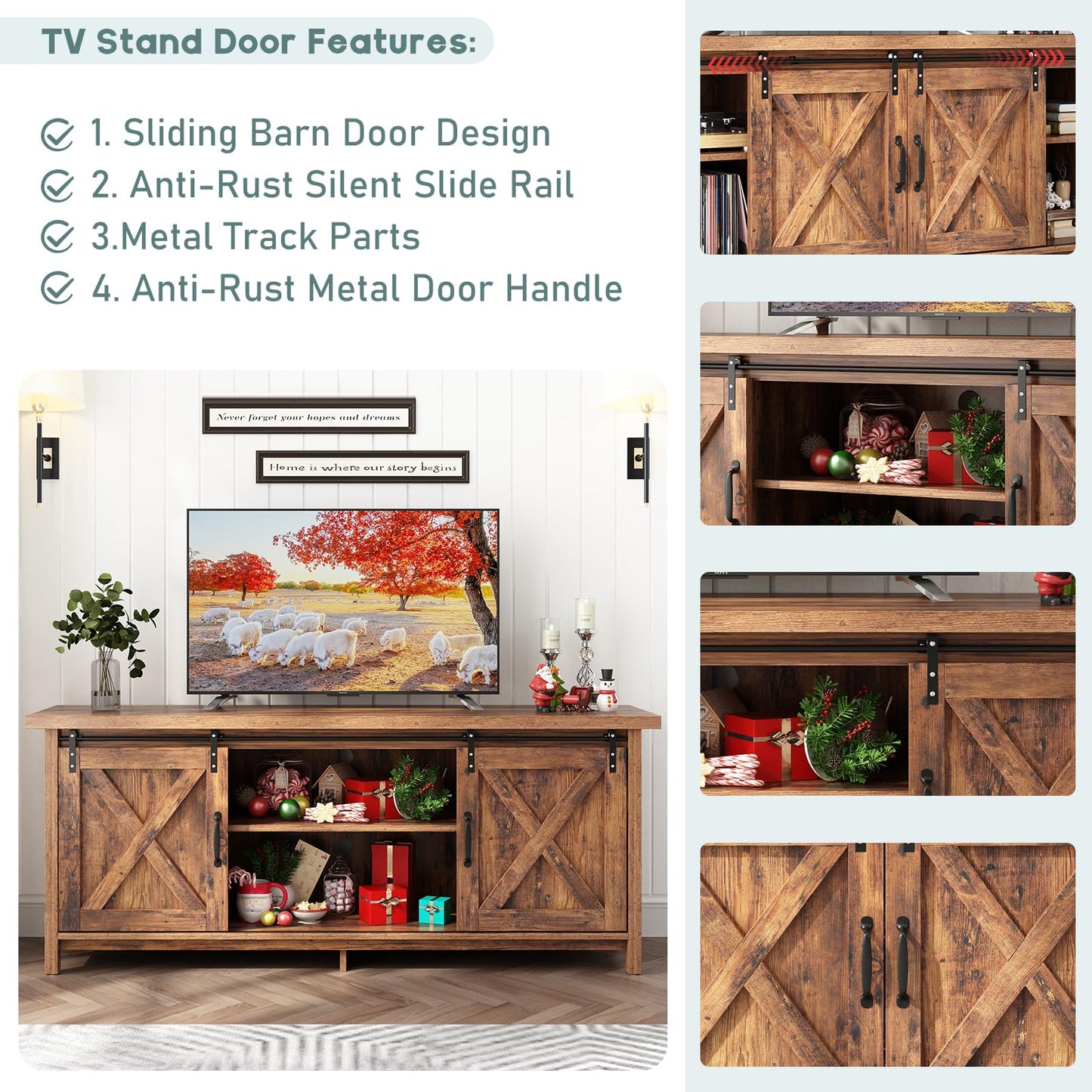 Elibeauty Rustic Brown Farmhouse TV Stand for 50-65 Inch TVs with Adjustable Shelves and Sliding Barn Doors