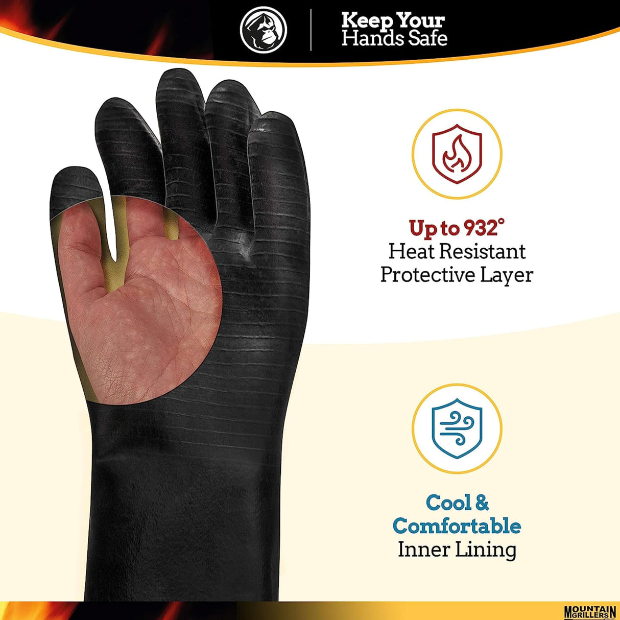 Mountain Grillers Extreme Heat Resistant Gloves for Grill BBQ High Temperature Fire Pit Gloves Barbecue Cooking, Smoker, Oven, Fryer, Grilling Waterproof, Fireproof Oil Resistant Neoprene Coating 14in MOUNTAIN GRILLERS