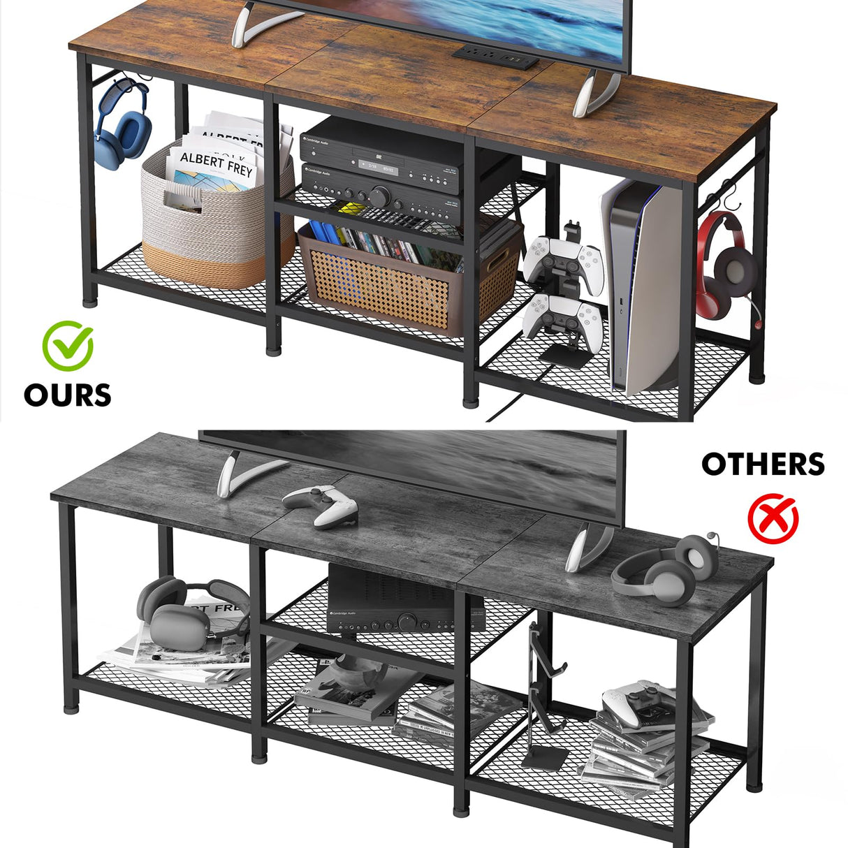 YGEOMER TV Stand Entertainment Center for 55 Inch TVs, with Charging Station and Lights Open Storage Shelves, TV Media Console, Open Storage Shelf with Sound Rack for Living Room, Rustic Brown YGEOMER