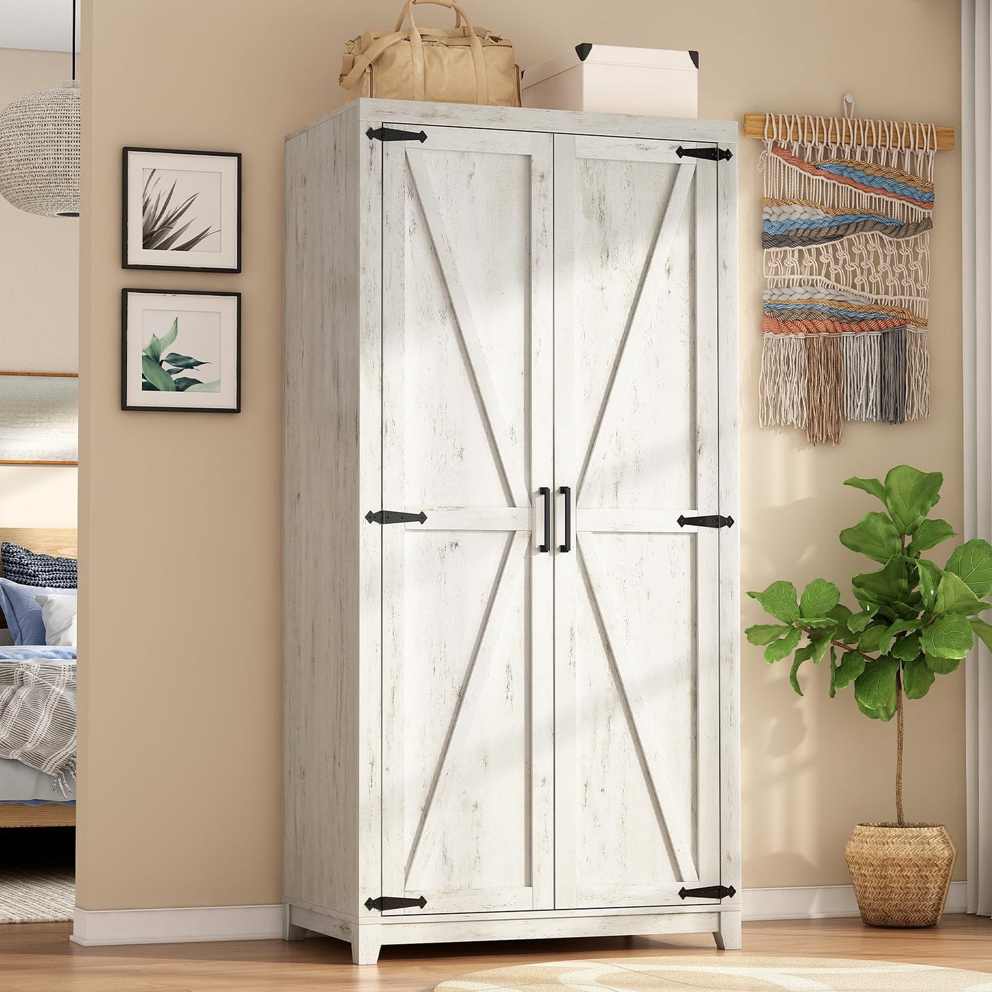 LUXOAK 70" Large Armoire Wardrobe Closet with Hanging Rod, Farmhouse Clothing Storage Cabinet with 2 Barn Doors, Wooden Tall Bedroom Armoires with Shelf, Distressed White - WoodArtSupply