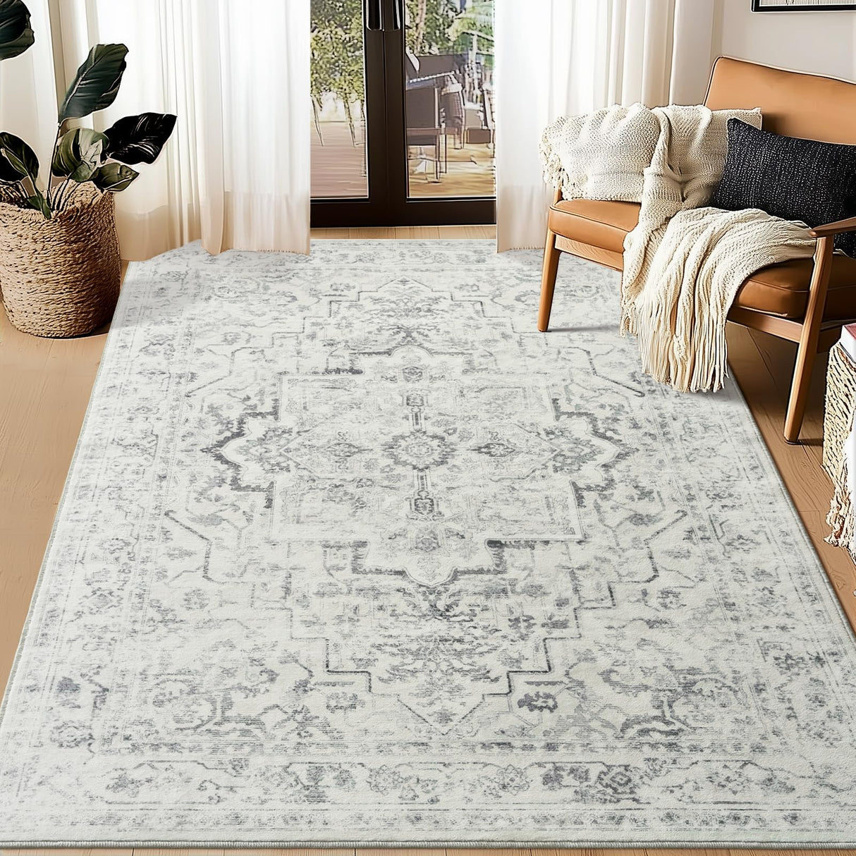 Jainmy Distressed Farmhouse 5x7 Area Rugs for Living Room Bedroom Non Slip Washable, Medallion Pattern Printed Low Pile Thin Carpet Rugs for Dining Room/Kitchen/Home Office, Off White/Grey Jainmy